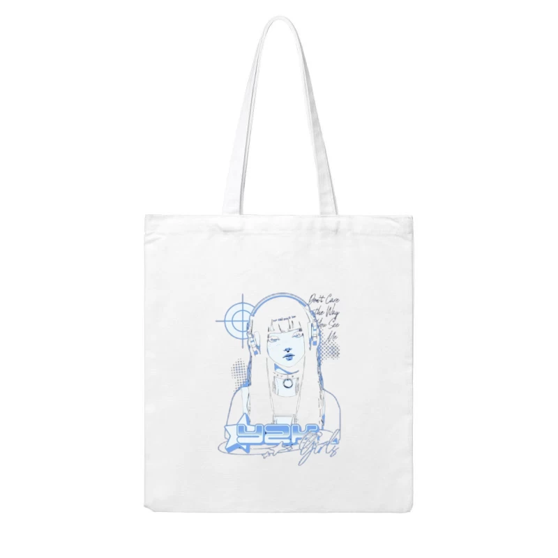 Blue Monochrome Gothic Anime Girl with Headphones Cotton Tote Bag