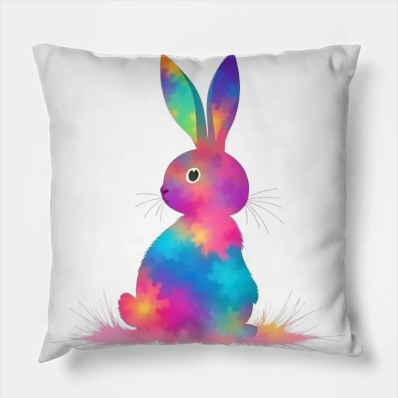 Whimsical Rainbow Watercolor Bunny Illustration Throw Pillow