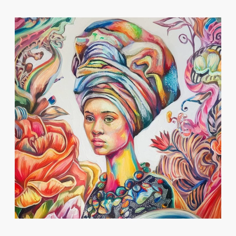 Vibrant Floral Surrealism: A Cultural Fusion Portrait Throw Pillow