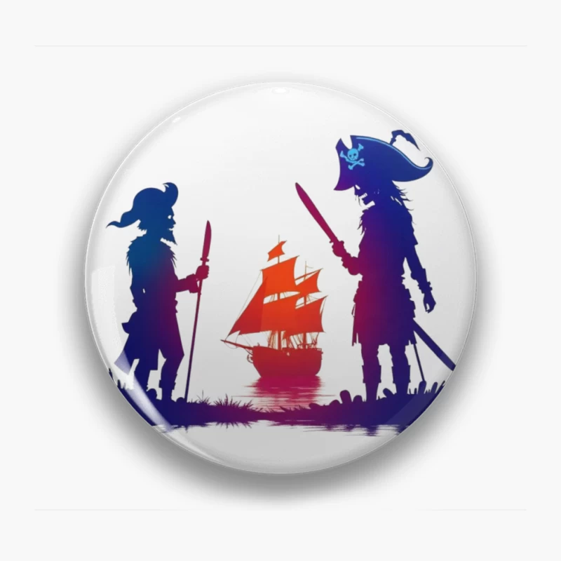 Pirates and Ship Silhouettes at Sunset Pin