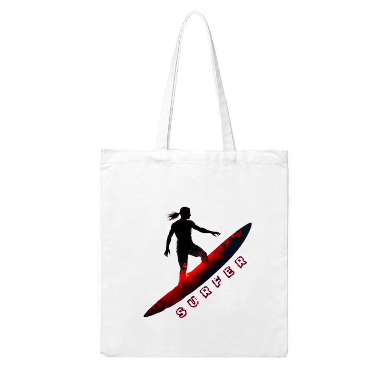 Dynamic Surfer Silhouette with Red Wave Effect Cotton Tote Bag