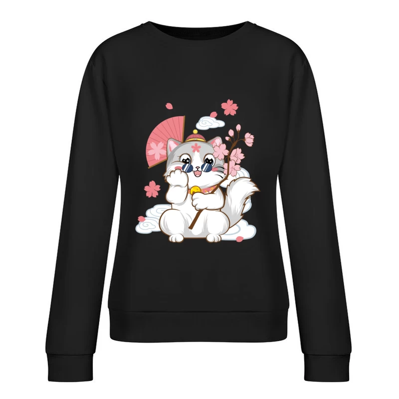 Niedliche Katze mit Kirschblüten und Fächer Damen Pullover Sweatshirt