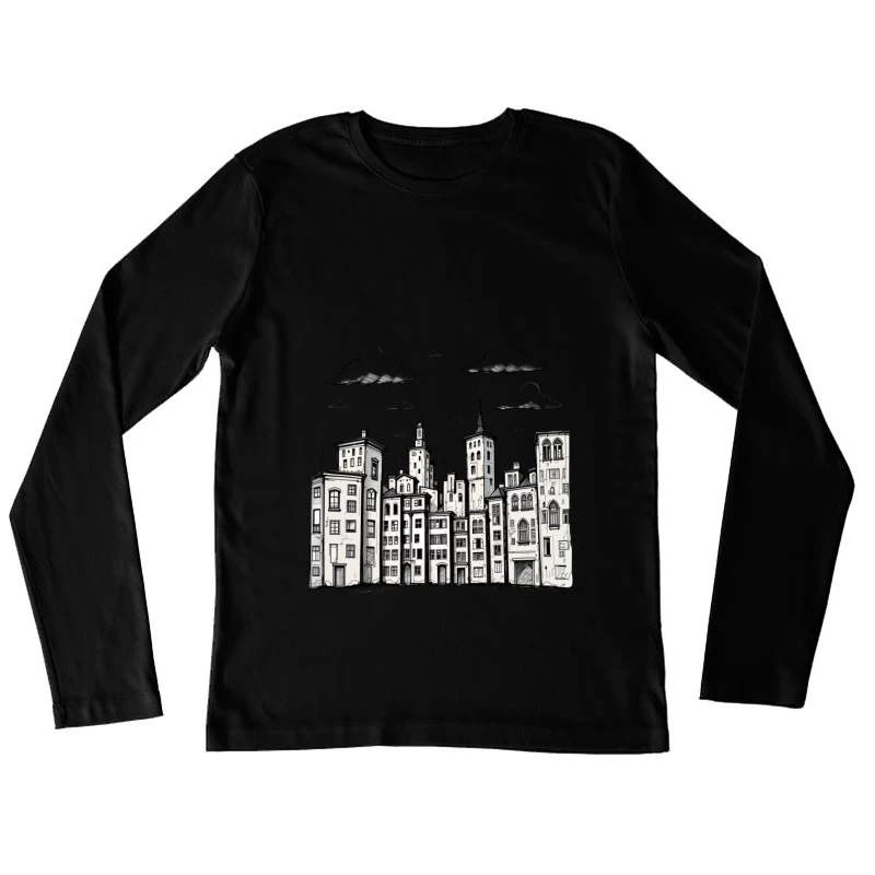 Stylized Black and White Cityscape Illustration Female Long Sleeve T-Shirt