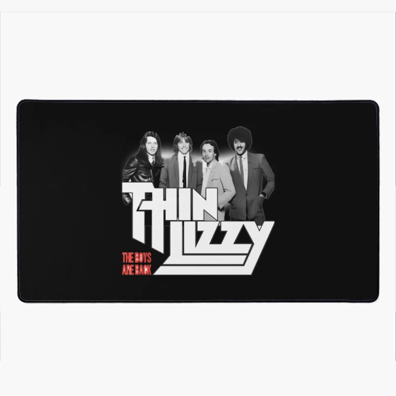 Thin Lizzy "The Boys Are Back" Album Cover - Classic Rock Band Portrait in Black and White Desk Mat