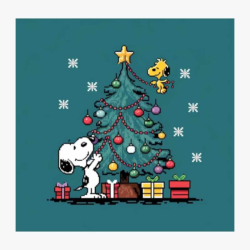 Snoopy and Woodstock Decorating Christmas Tree in Pixel Art Style Throw Pillow