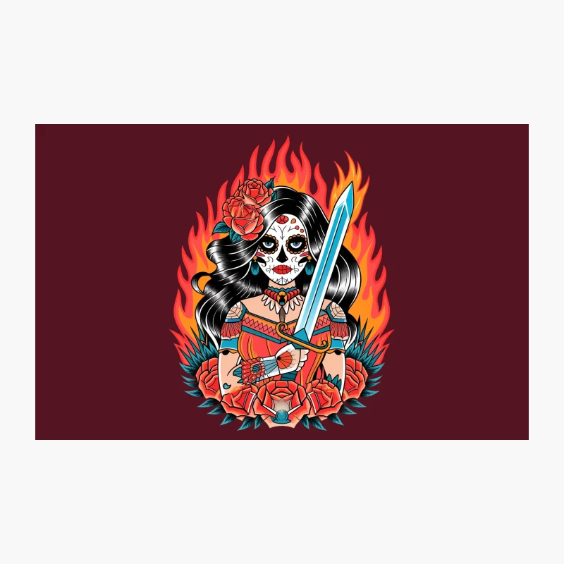 Traditional Day of the Dead Warrior with Sword and Roses in Flames Travel Mug