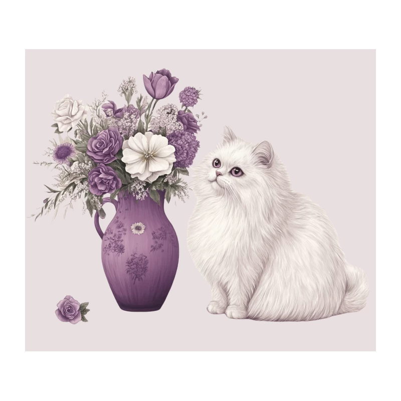 Elegant White Persian Cat with Purple Floral Vase Illustration Tapestry