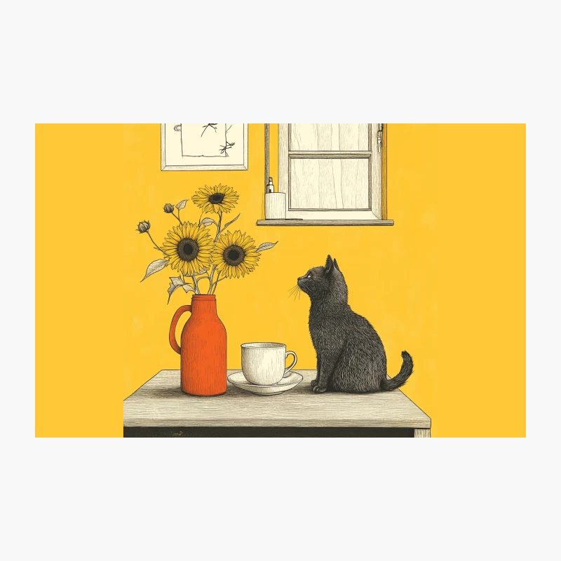 Contemplative Cat with Sunflowers in Yellow Room Travel Mug