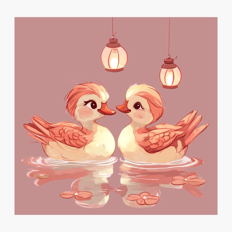 Cute Cartoon Ducks with Lanterns in Water Reflection Throw Pillow