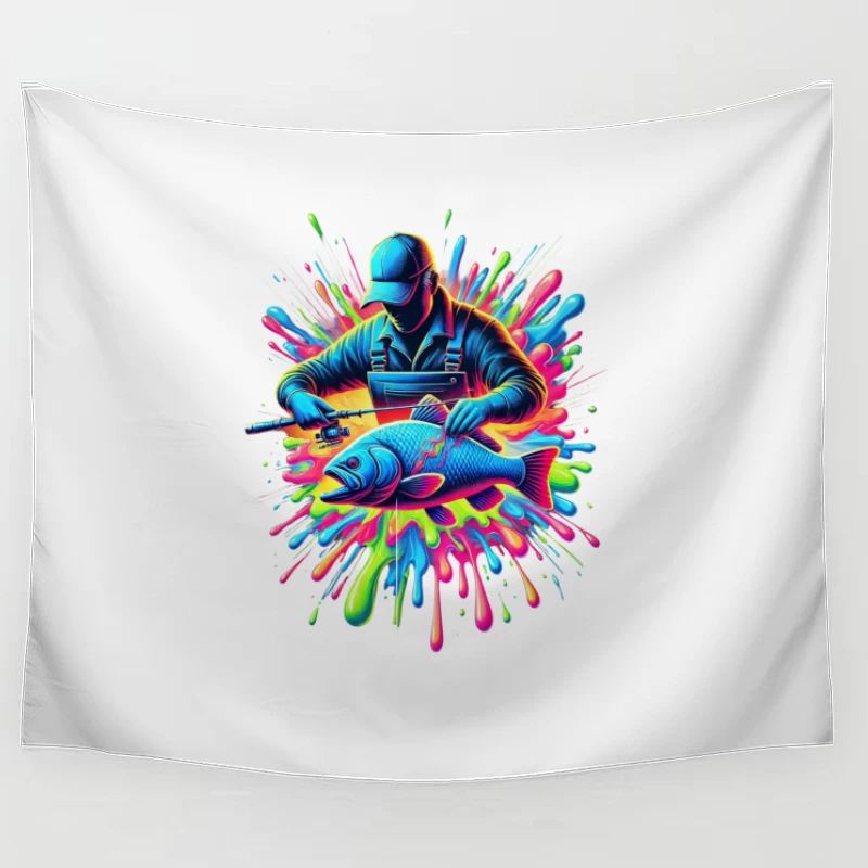 Neon Fishing Adventure Digital Art with Vibrant Color Splash Tapestry