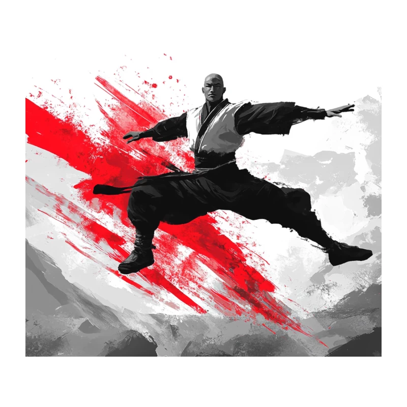 Dynamic Martial Artist in Artistic Red and Black Splash Tapestry