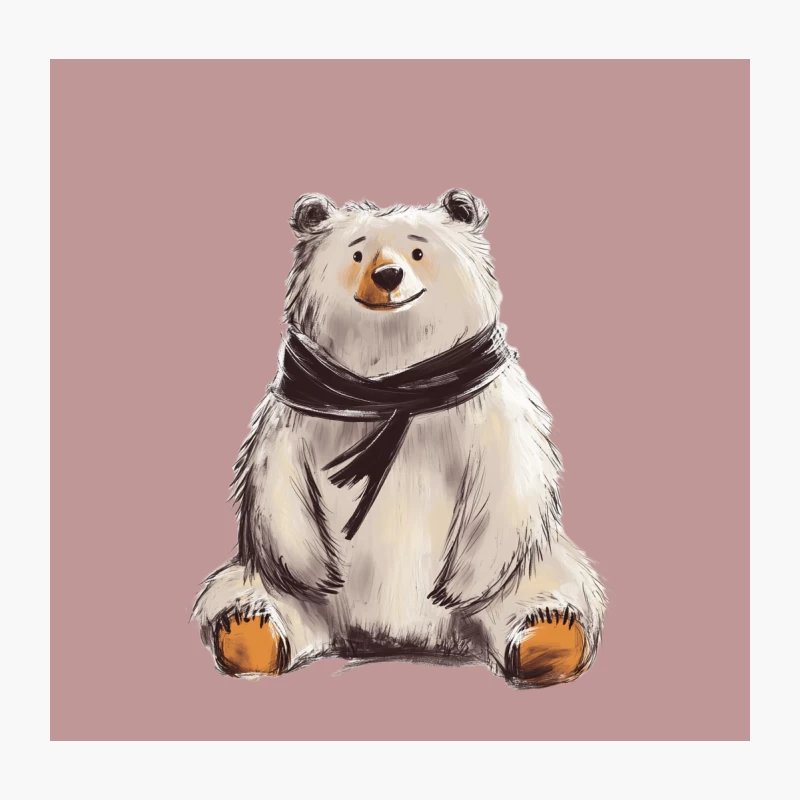 Cute Cartoon Polar Bear with Scarf: Fluffy Winter Illustration Throw Pillow