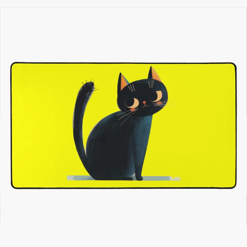 Adorable Black Cat Cartoon Illustration with Orange Ears Desk Mat