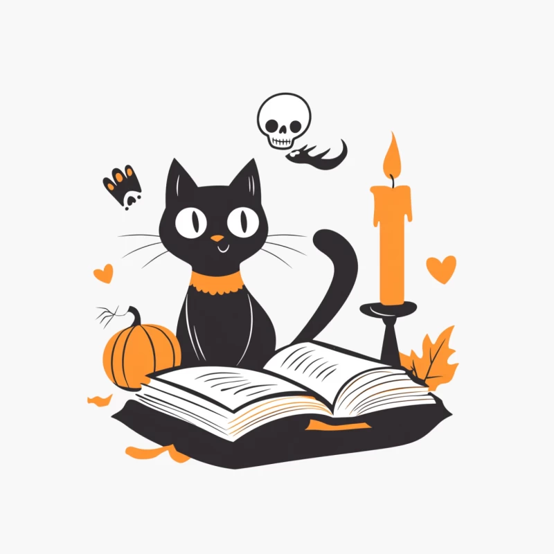 Cute Halloween Scene with Black Cat Reading Cotton Tote Bag