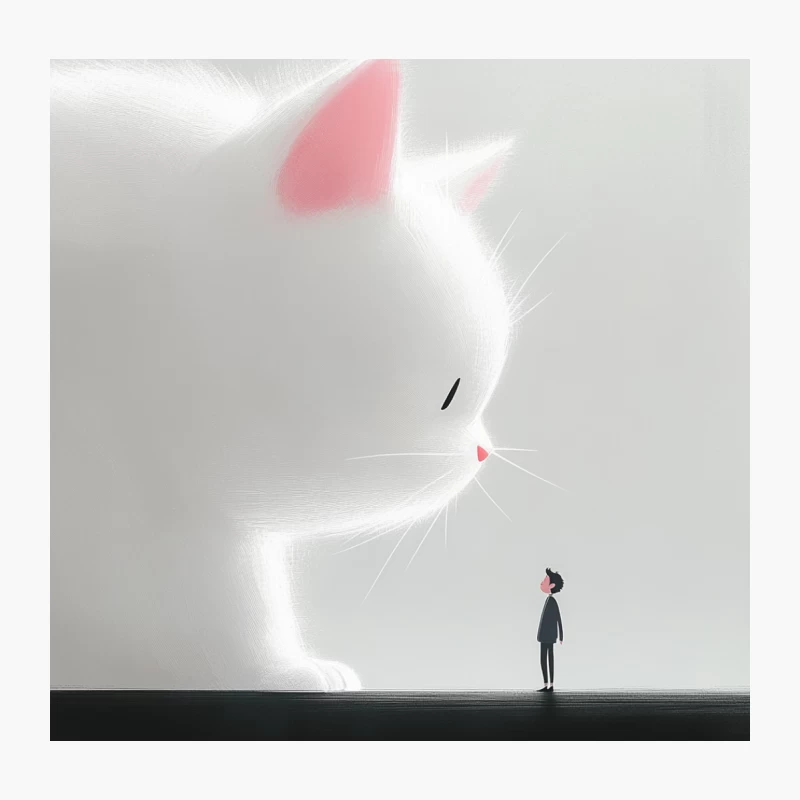 Surreal Encounter: Giant White Cat Meets Miniature Person Throw Pillow