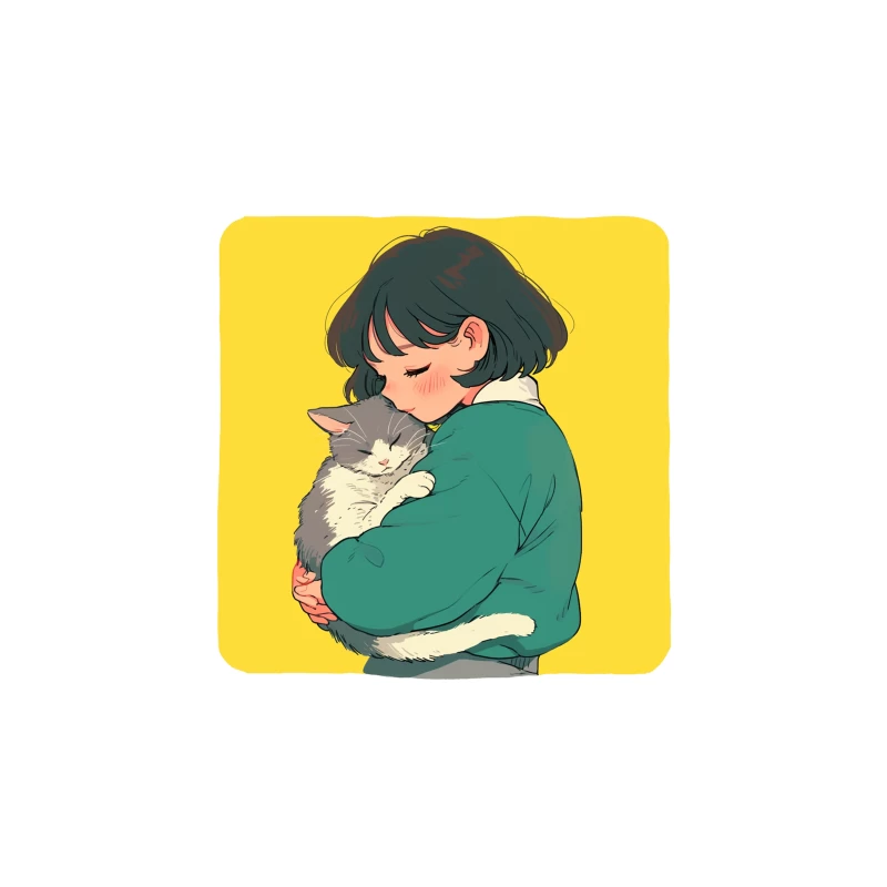 Gentle Embrace: Girl in Green Cuddling Gray Cat Travel Mug