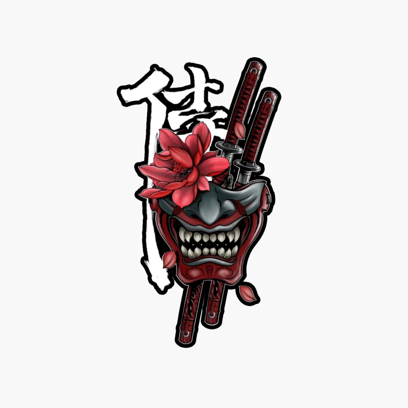 Samurai Mask Art with Katana and Flower Cotton Tote Bag