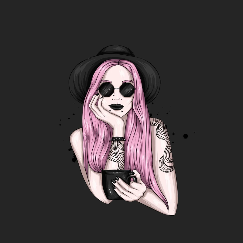Stylish Woman with Pink Hair and Sunglasses Female Pullover Sweatshirt