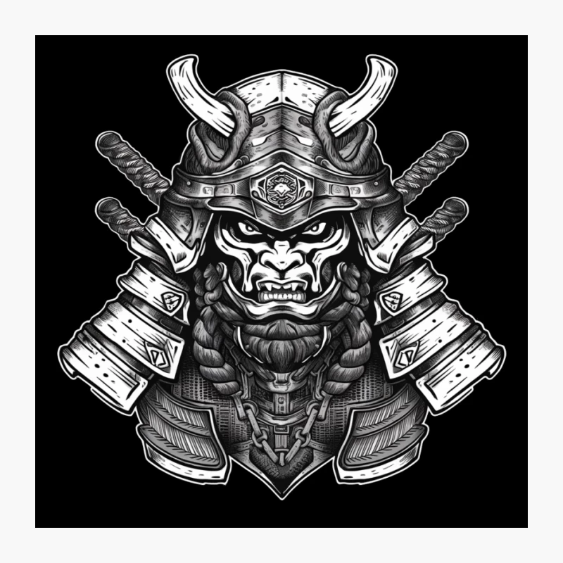 samurai warrior helmet armor sword Japanese illustration black and white Pin