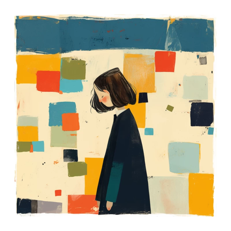 Minimalist Illustration of Figure in Black Coat Against Colorful Abstract Squares Pin