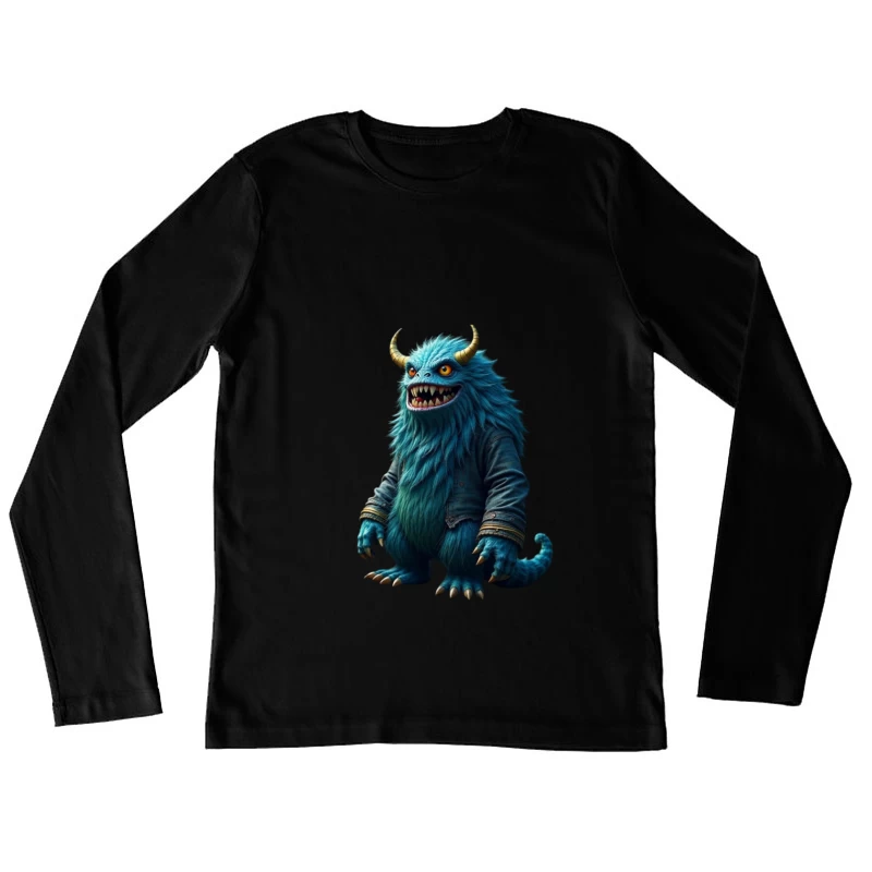 Furry Blue Monster in Denim Jacket with Golden Horns Female Long Sleeve T-Shirt