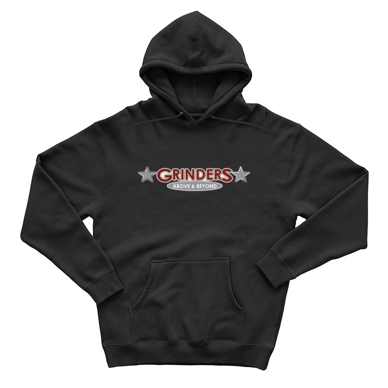 Grinders Restaurant Logo with Metallic Stars and Red Text Male Pullover Hoodie