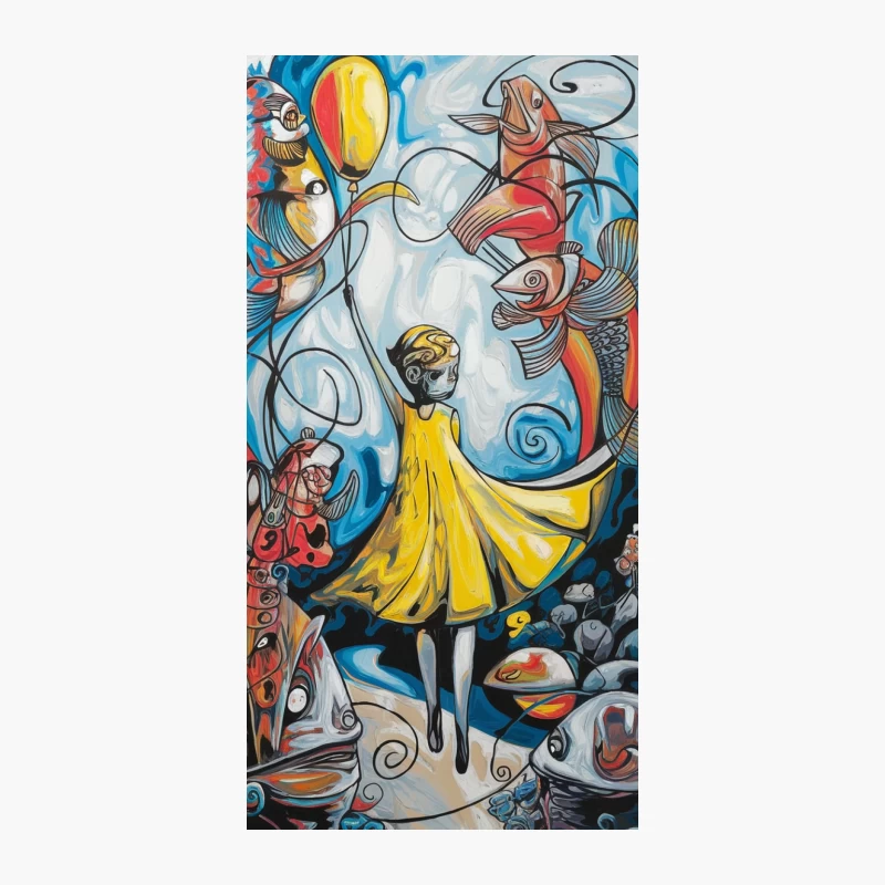 Whimsical Surrealist Scene with Yellow-Dressed Figure and Abstract Shapes iPhone Case
