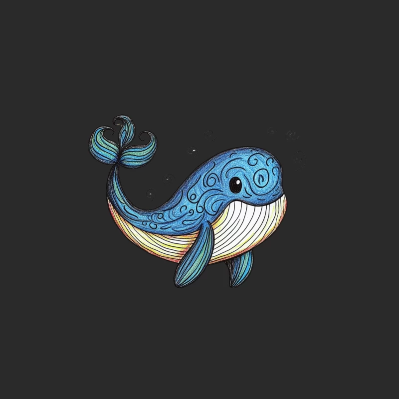 Cute Blue Whale Cartoon Illustration with Swirling Patterns Baseball Cap