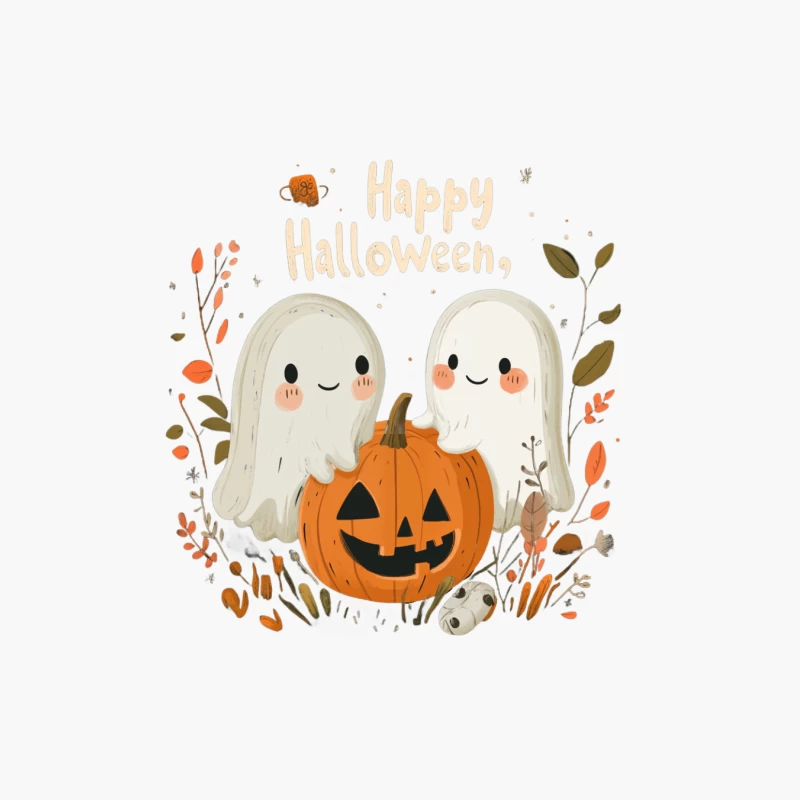 Cute Halloween Illustration with Friendly Ghosts and Jack-o'-Lantern Cotton Tote Bag