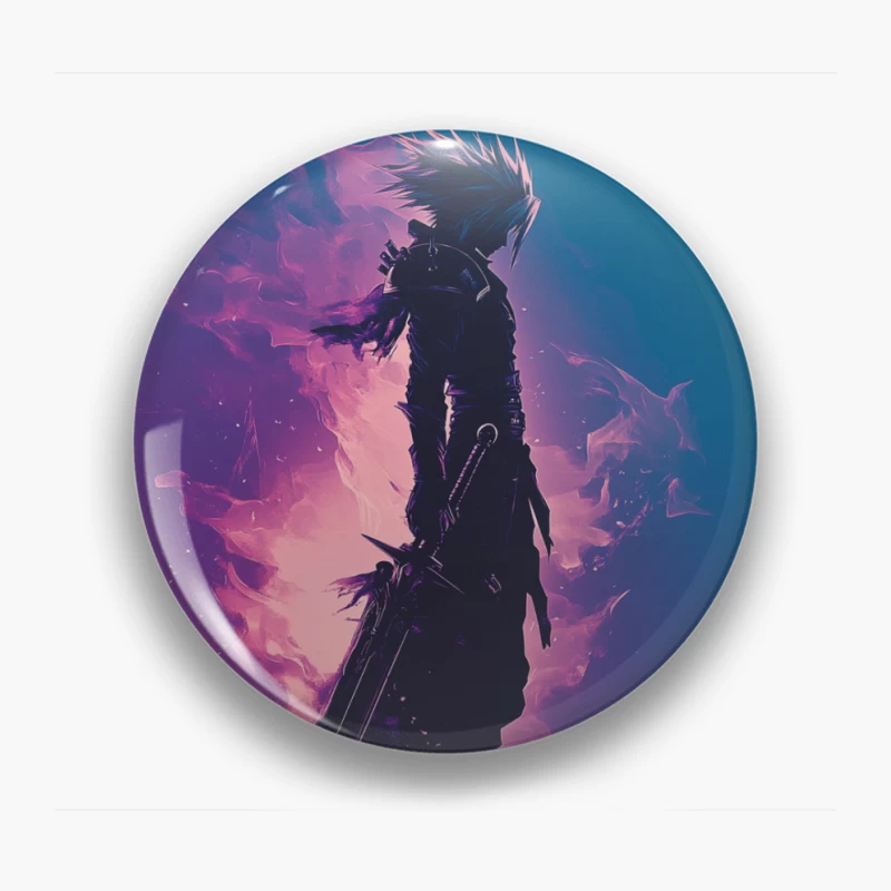 Cosmic Warrior: Silhouette with Giant Sword Against Purple Nebula Pin