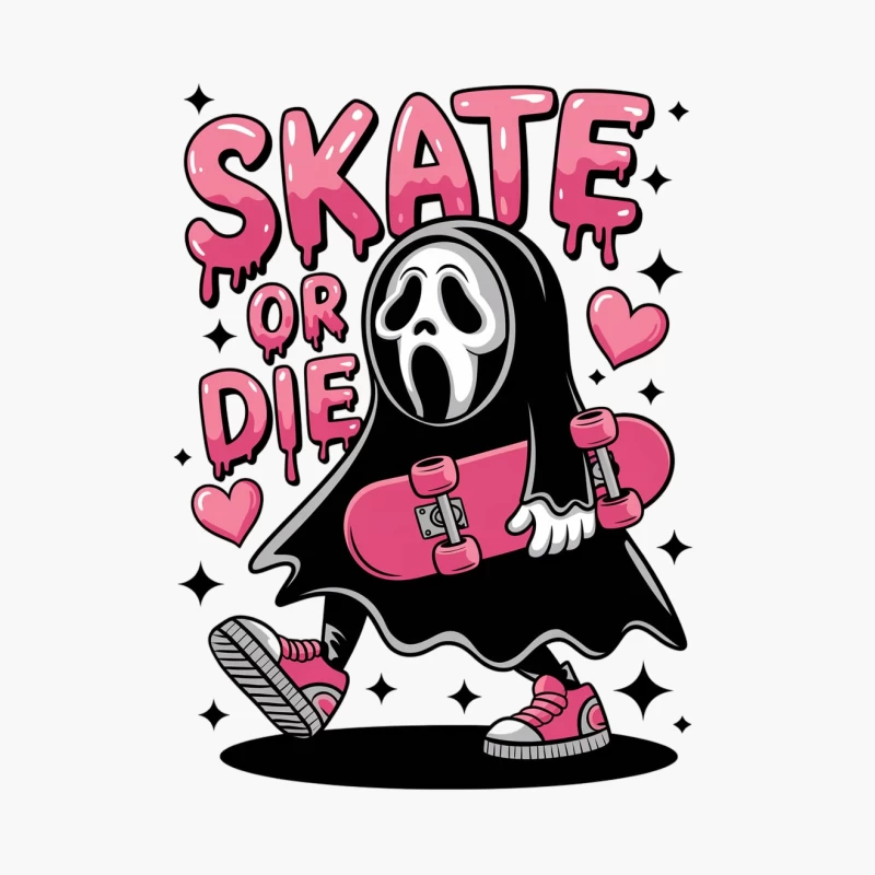 Pink Horror Ghost with Skateboard in Cartoon Streetwear Style Cotton Tote Bag