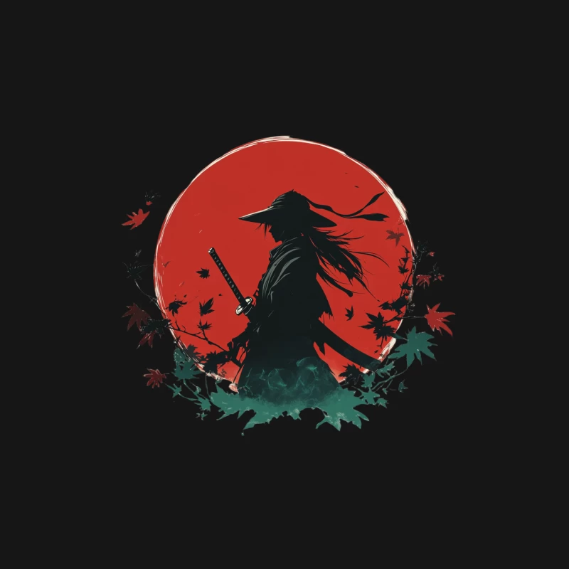 Silhouetted Samurai Warrior Against Red Sun with Falling Maple Leaves Male Long Sleeve T-Shirt