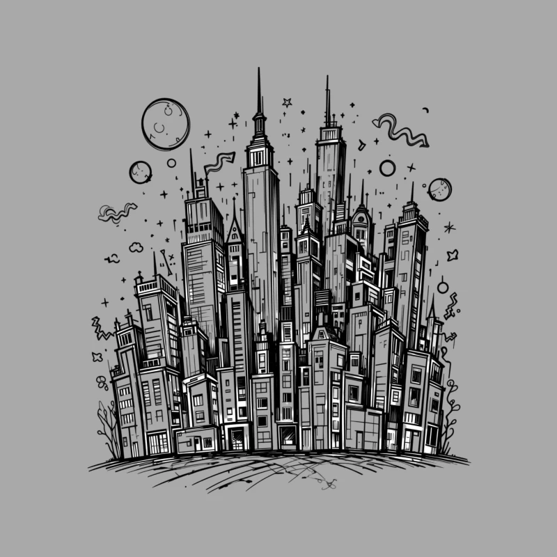 Urban Black and White Cityscape Illustration Female Pullover Hoodie