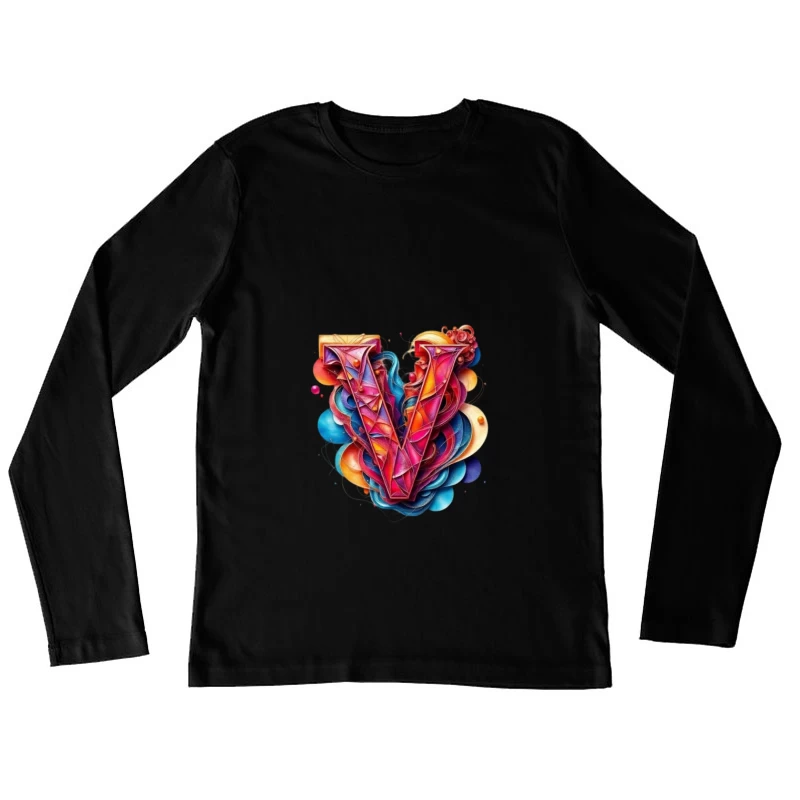 Vibrant Geometric Letter V with Abstract Swirls Female Long Sleeve T-Shirt