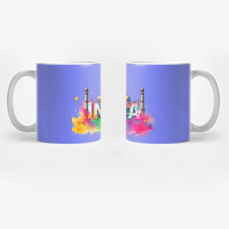 Vibrant Watercolor India Typography with Taj Mahal Silhouette Coffee Mug