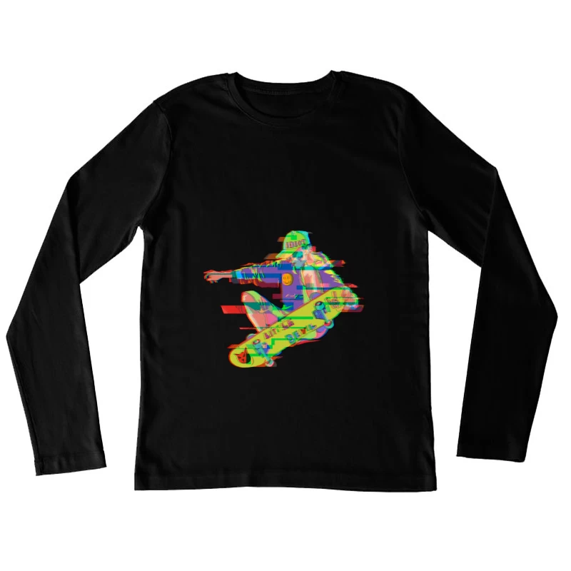 Glitch-Schädel-Skateboarding Damen Langarm T-Shirt