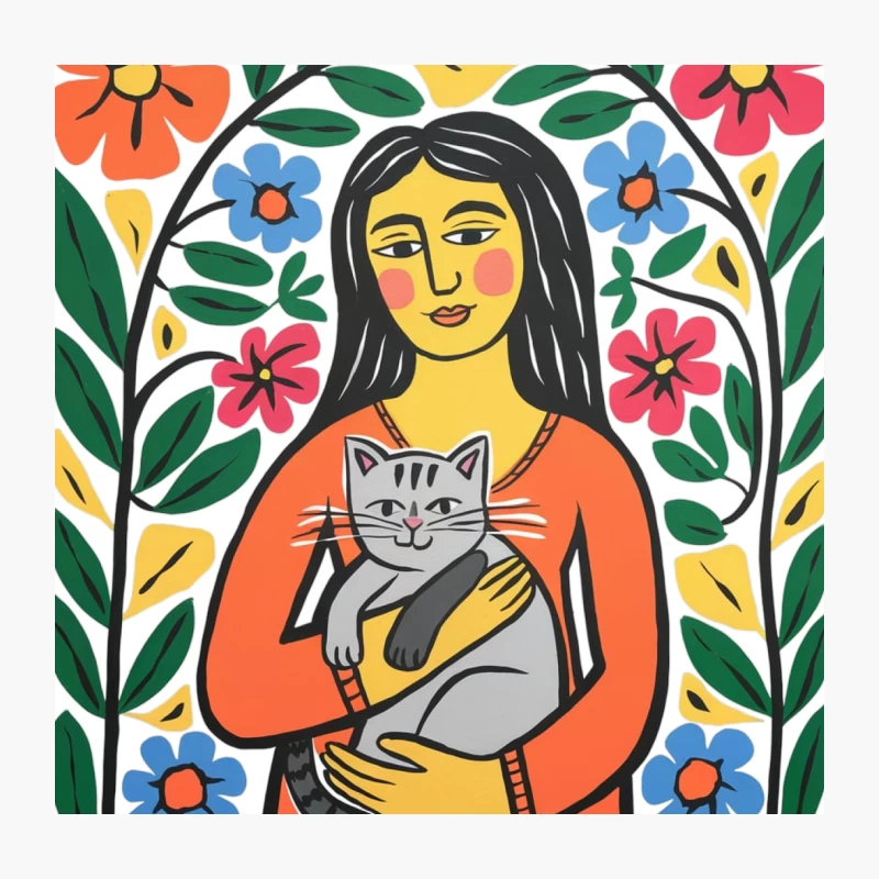 Vibrant Folk Art: Woman Embracing Cat Amidst Floral Splendor Throw Pillow