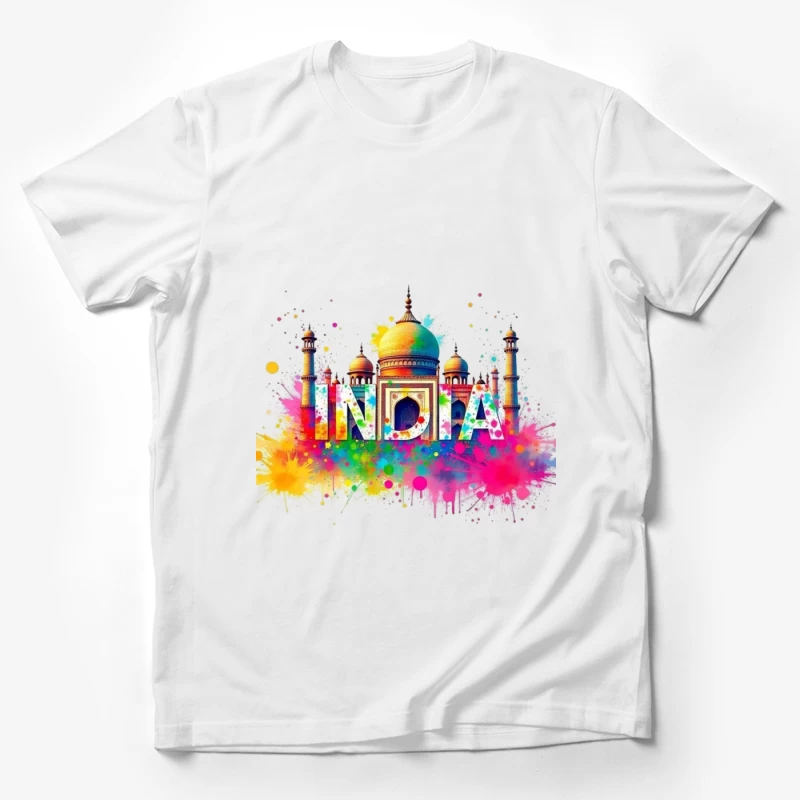 Vibrant Watercolor India Typography with Taj Mahal Silhouette Male T-Shirt