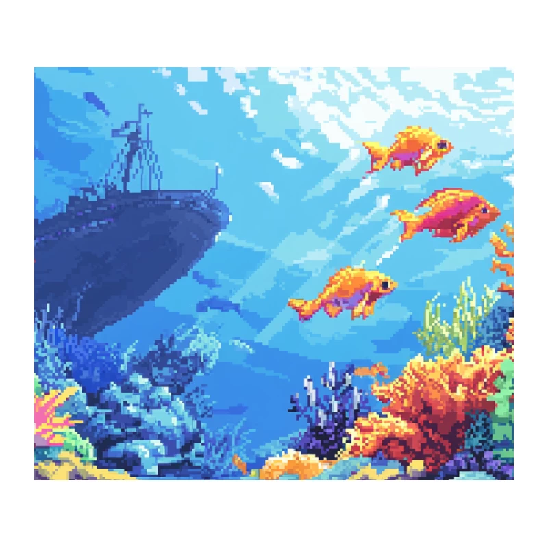 Vibrant Pixel Art Underwater Scene with Coral Reef and Shipwreck Tapestry