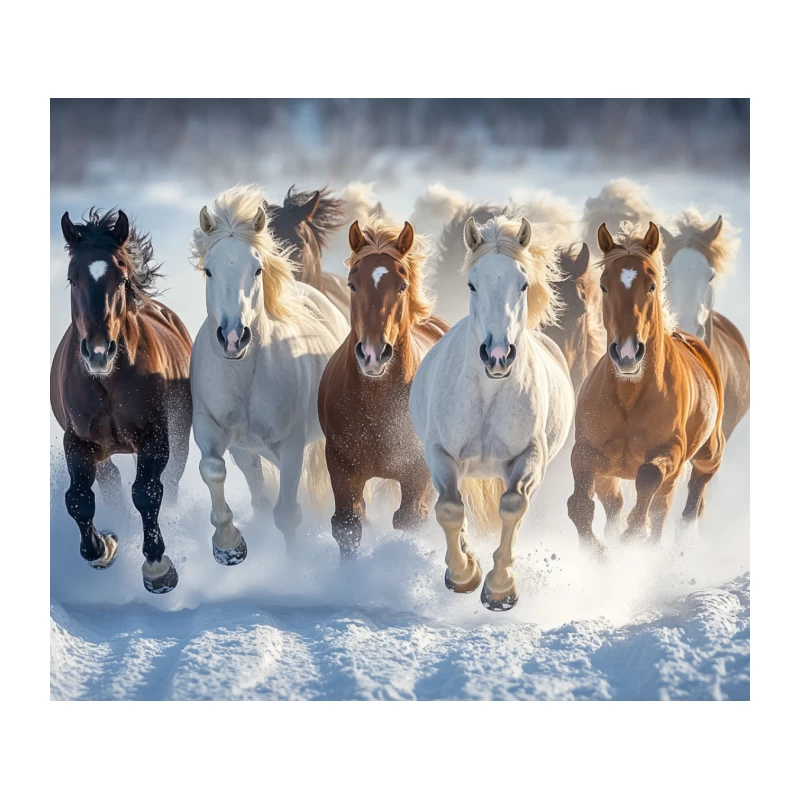 Majestic Herd of Horses Running Through Snow in Winter Tapestry