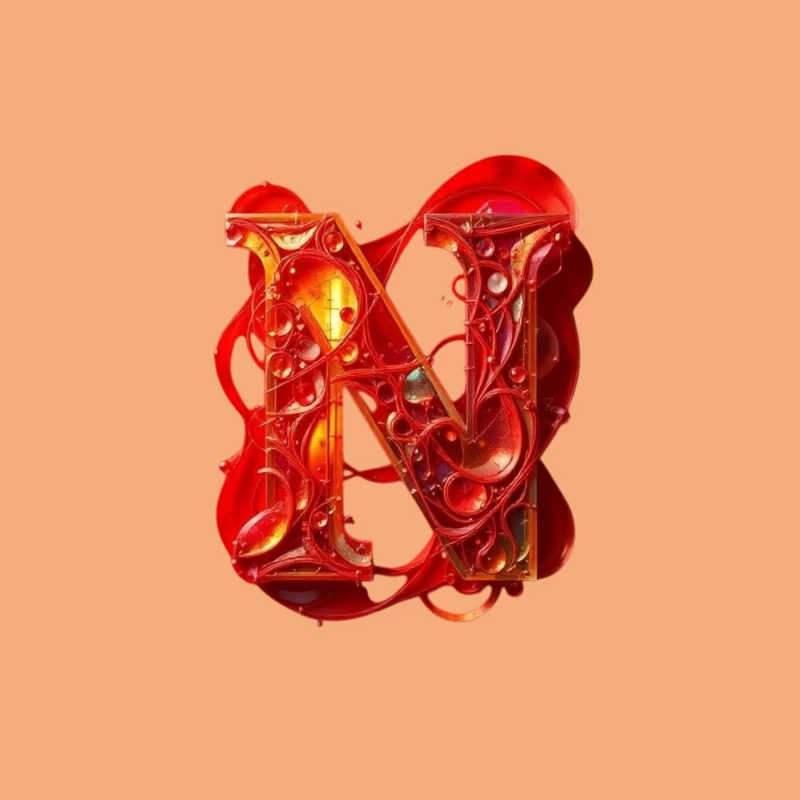 Abstract 3D Liquid Letter N in Vibrant Red Tapestry