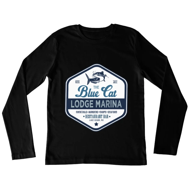 The Blue Cat Lodge Marina Restaurant and Bar - Vintage Nautical Logo Design Female Long Sleeve T-Shirt