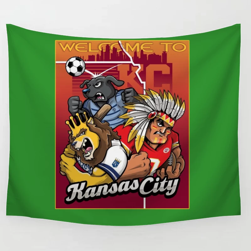 Kansas City Sports Mascots with City Skyline Illustration Tapestry