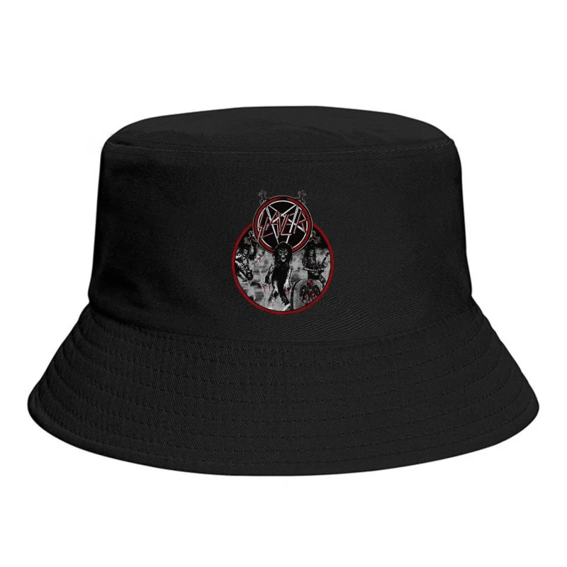 Slayer Heavy Metal Band Logo with Dark Horror-Themed Artwork Bucket Hat