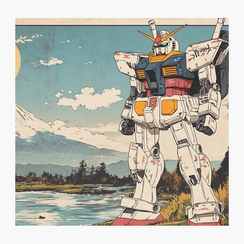 Futuristic Gundam Meets Traditional Japanese Landscape Throw Pillow