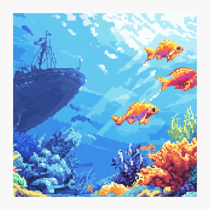 Vibrant Pixel Art Underwater Scene with Coral Reef and Shipwreck Pin