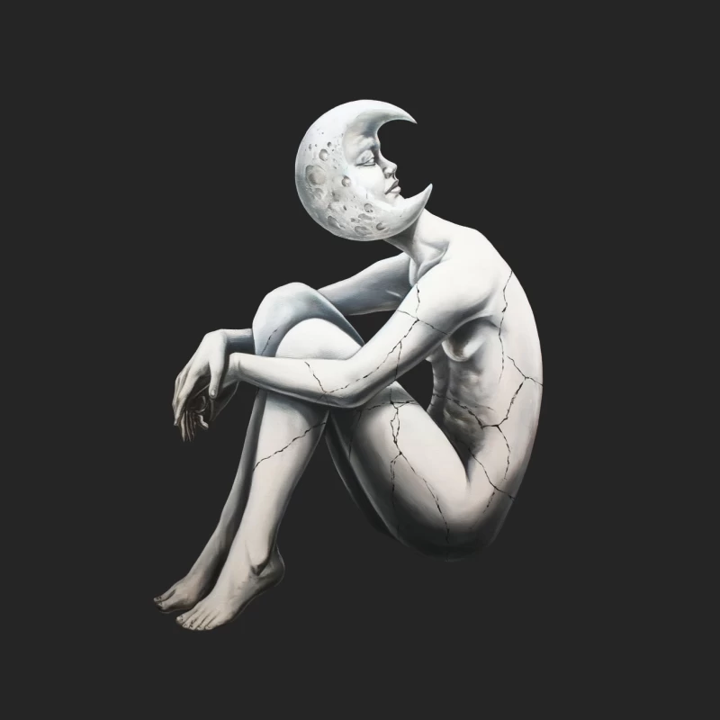 Surreal Moonhead Sculpture: Cracked Porcelain Figure in Monochrome Male Pullover Sweatshirt
