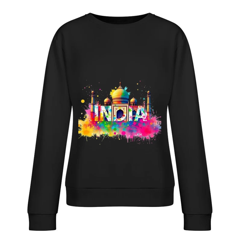 Vibrant Watercolor India Typography with Taj Mahal Silhouette Female Pullover Sweatshirt