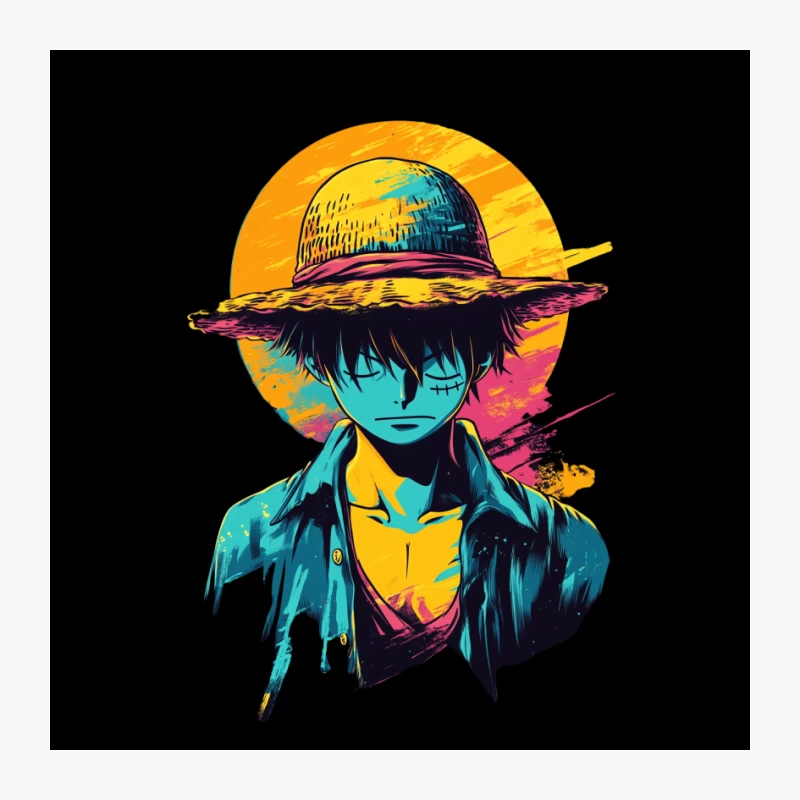 Vibrant Anime Character Portrait with Straw Hat in Pop Art Style Pin