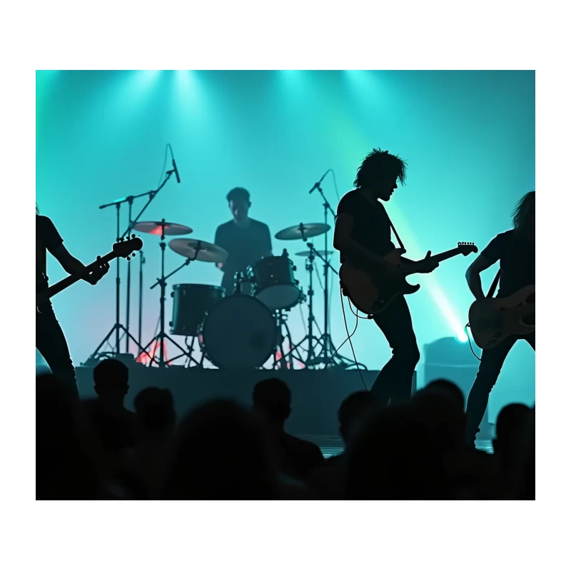 Silhouetted Rock Band Performs on Dramatically Lit Stage Tapestry